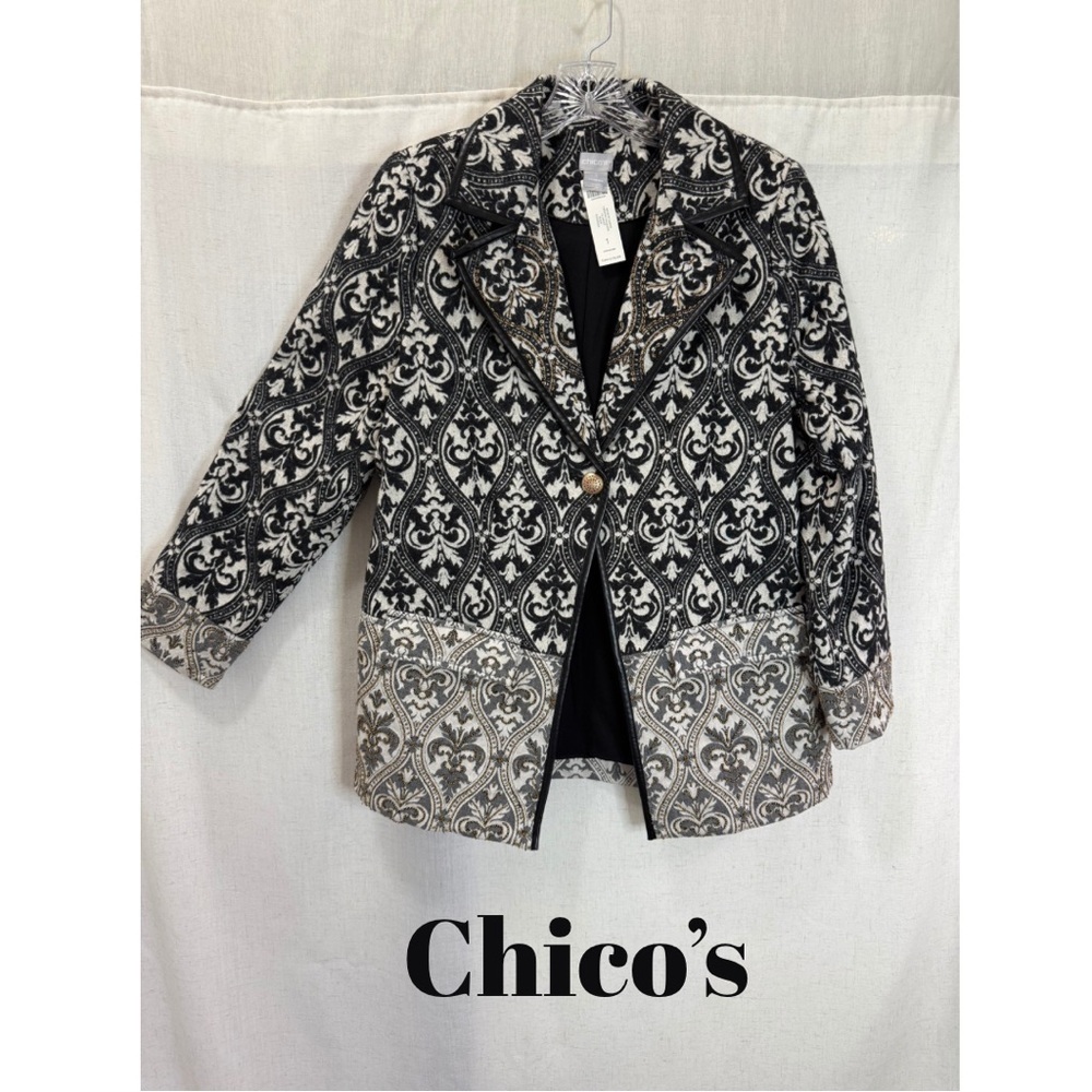 Chico’s NWT Jacquard Brocade Blazer Jacket Black White Gold Pattern Size 1 (M)